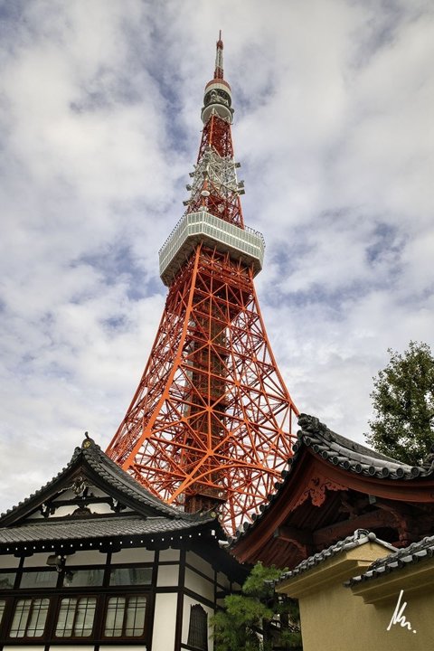 Tokyo Tower behind two traditional temple roofs in Shiba-koen, Tokyo – portrait-format photographic art by Bernhard Houy
