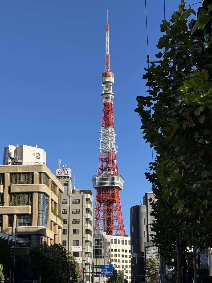 Der Tokyo Tower zwischen Häusern und Bäumen vor tiefblauem Himmel – Begleitfoto von Bernhard Houy
